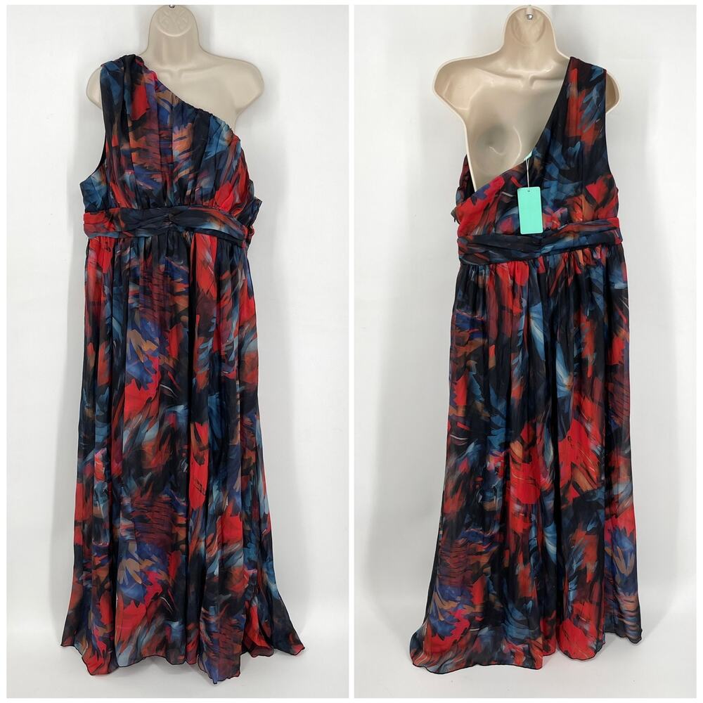 Toleen NEW One Shoulder Chiffon Maxi Dress Sz 2XL Red Blue Black Lined Plus Size